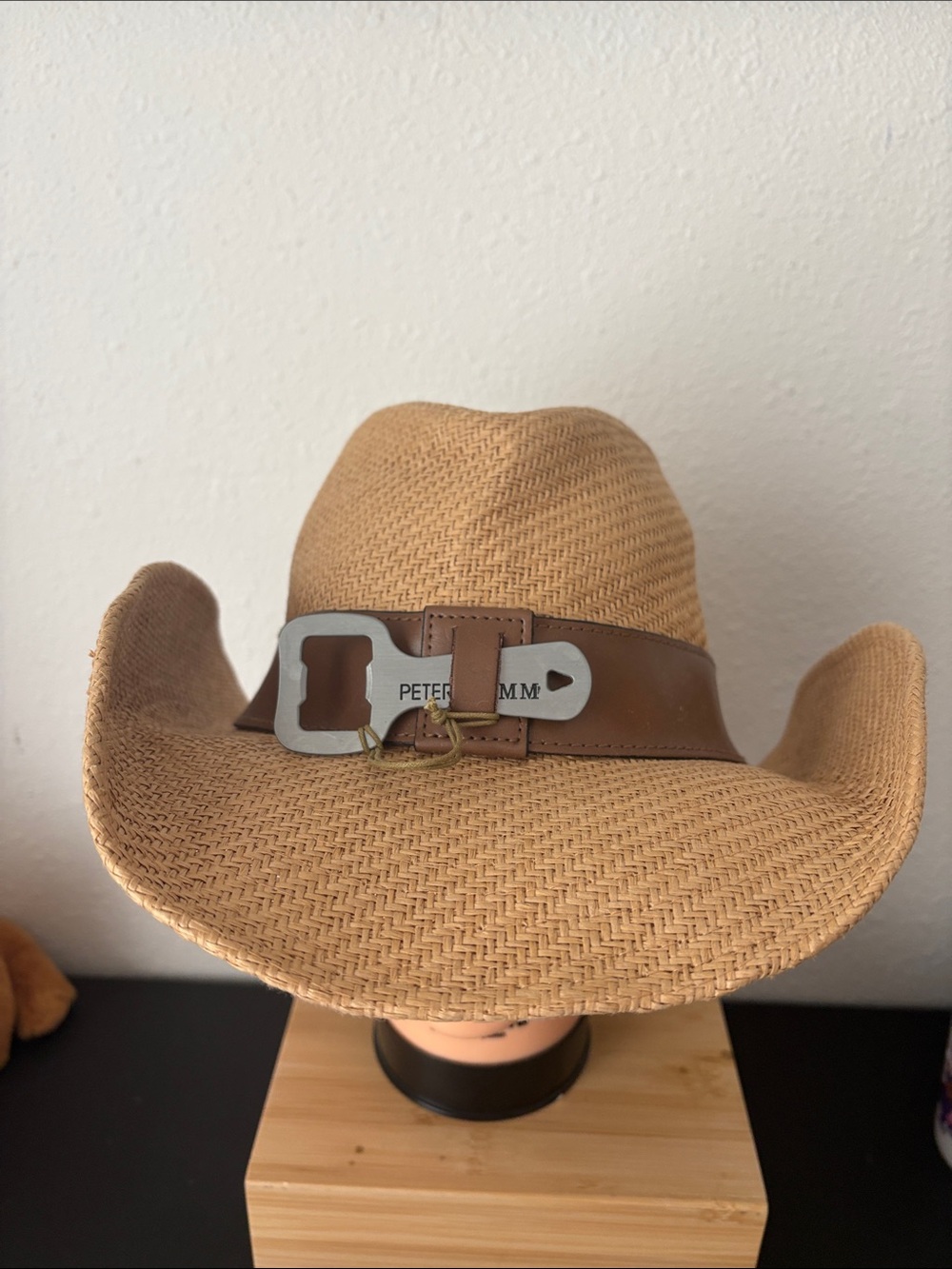 Peter Grimm Tan Straw Western Hat with Brown Leather Band